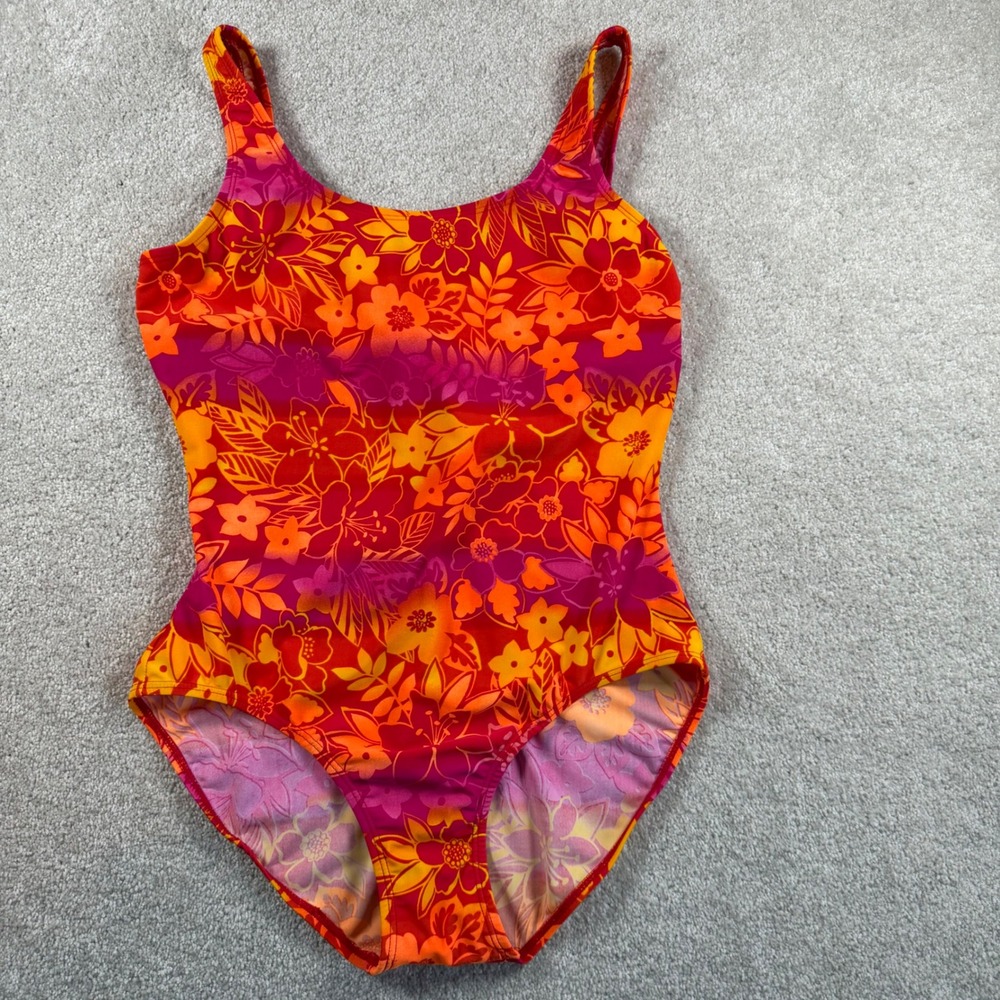 Islander Womens Floral One Piece Swimsuit Red Orange Tropical Hibiscus Size 10